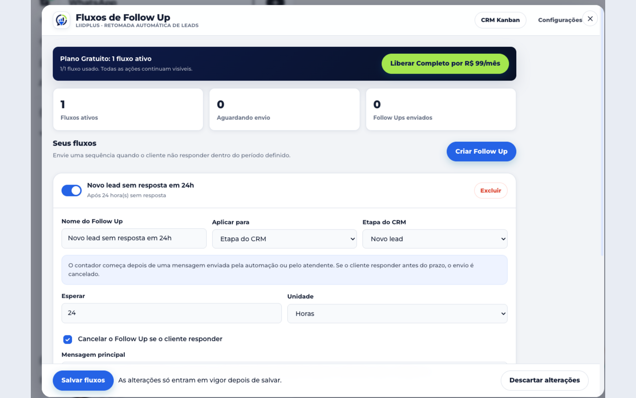Tela de fluxos de follow-up da LiidPlus