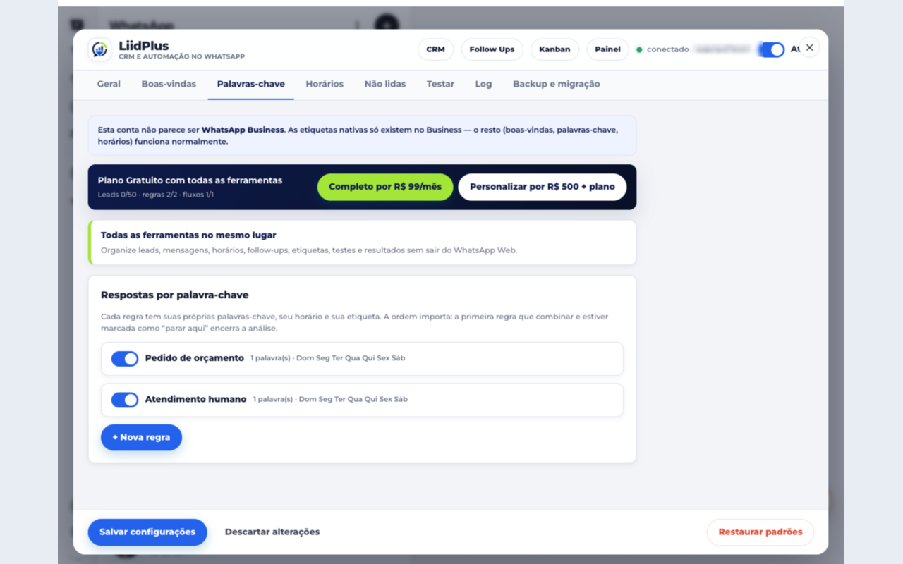 Tela de respostas automáticas da LiidPlus