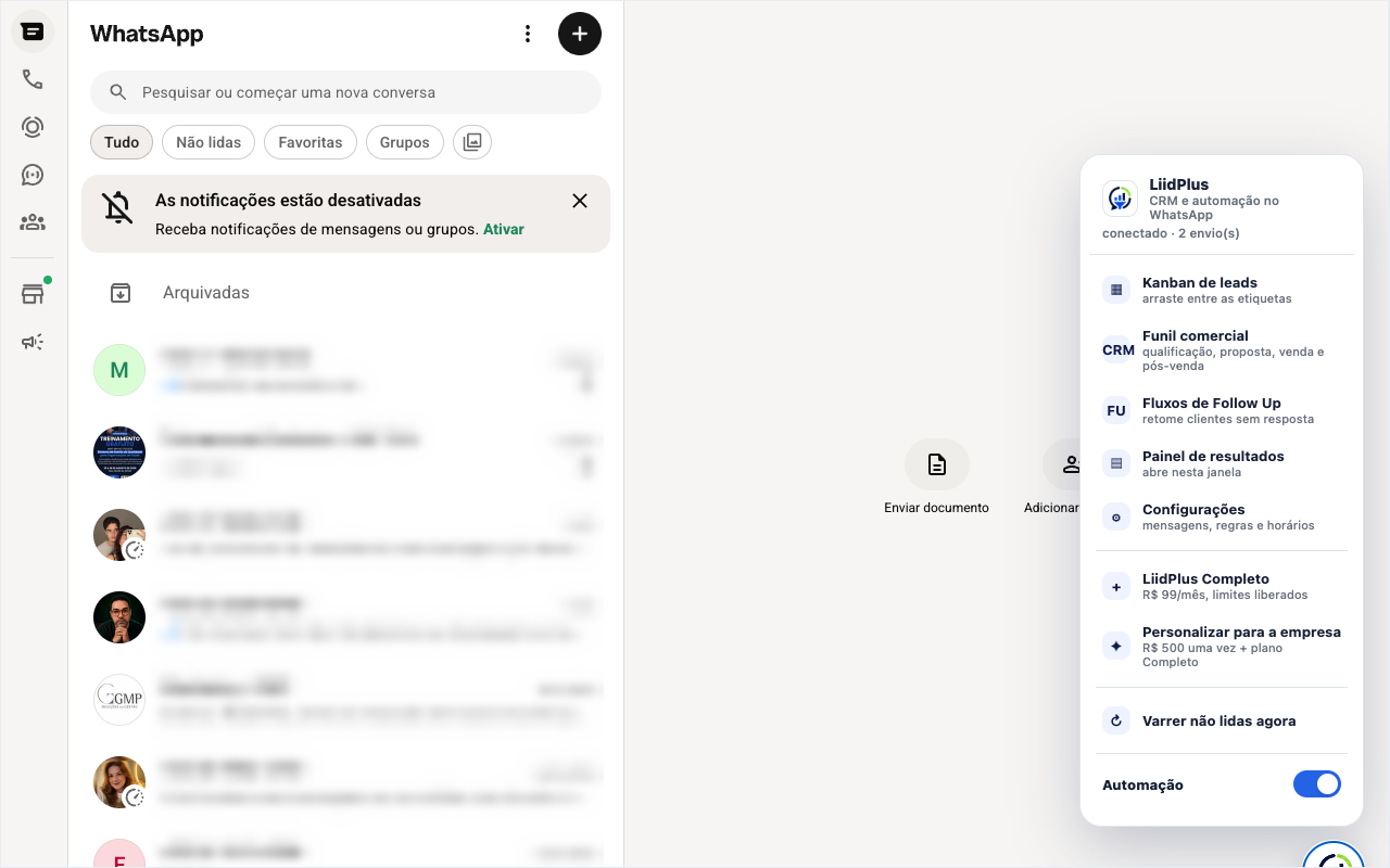 WhatsApp Web com o menu da LiidPlus aberto ao lado